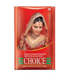 Pack of Choice birth control pills with iron by DKT India, combipack of Levonorgestrel, Ethinylestradiol, and Ferrous Fumarate tablets.
